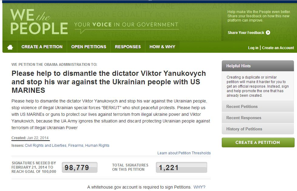 На сайте Белого дома США вновь собирают подписи за ввод войск на Украину На сайте Белого дома США вновь собирают подписи за ввод войск на Украину