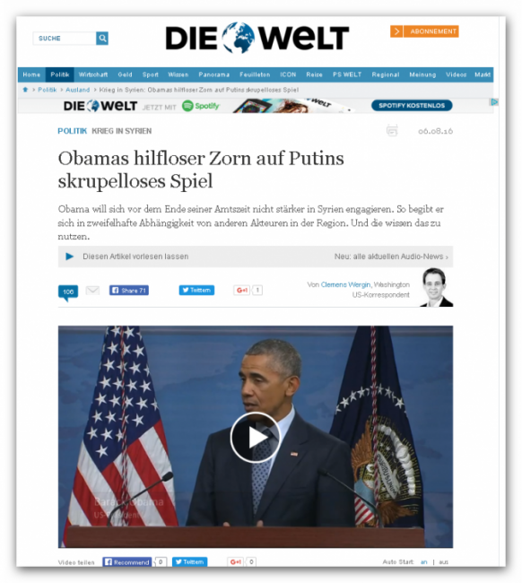 В мире Die Welt: От американского возмездия Путина и Асада спасает лишь нерешительность Обамы В мире Die Welt: От американского возмездия Путина и Асада спасает лишь нерешительность Обамы