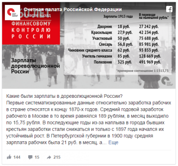 Счётная палата перевела зарплаты дореволюционной России в современные рубли