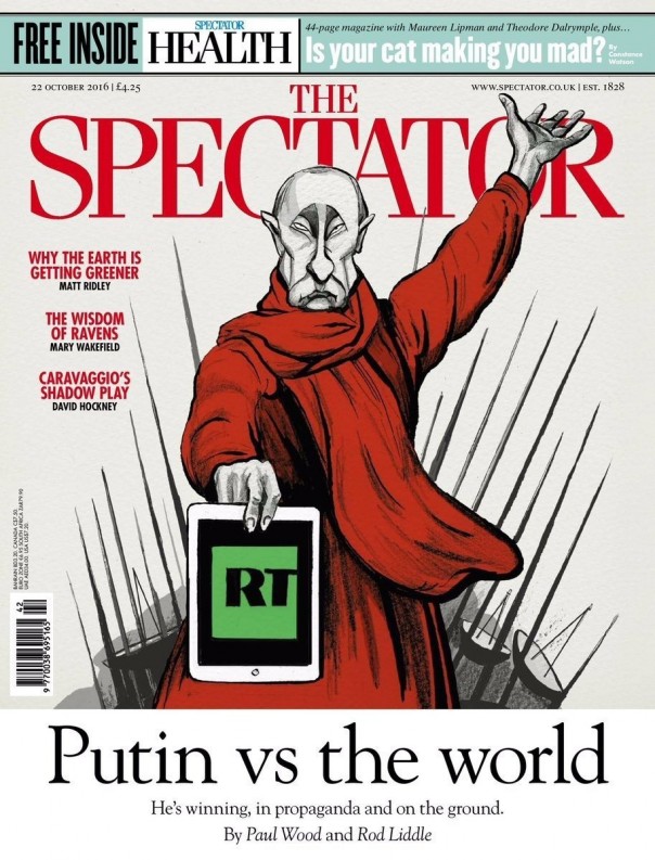 На обложке Spectator появился коллаж "Родина-мать зовет" с RT и Путиным