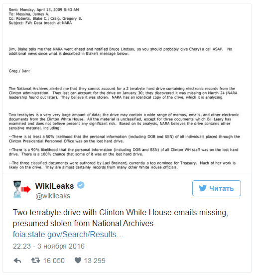 WikiLeaks: Из госархива США пропал диск с данными по переписке Клинтон