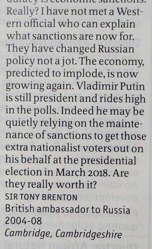 Британский дипломат в растерянности: Под санкциями экономика России возобновила рост, а рейтинг Путина стал еще больше Британский дипломат в растерянности: Под санкциями экономика России возобновила рост, а рейтинг Путина стал еще больше