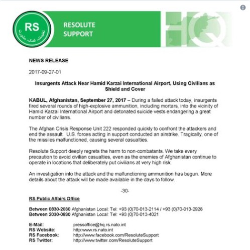 Пентагон назвал «технической ошибкой» удар по мирным жителям в Афганистане