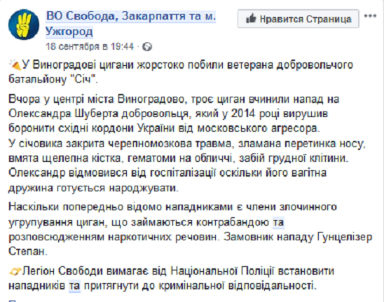 На Закарпатье цыгане избили АТОшника