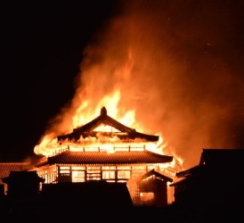 Древний замок XIV века полыхает в Японии