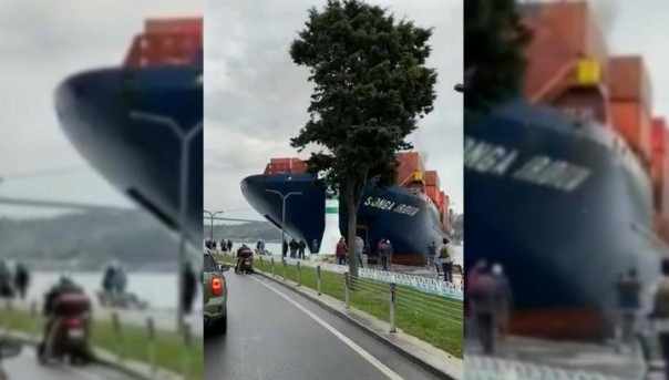 Контейнеровоз врезался в набережную на Босфоре