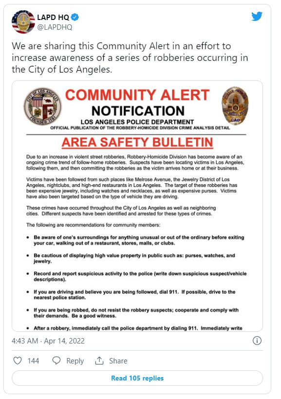Уличные банды Лос-​Анджелеса нападают на жителей богатых районов, полиция призывает жителей быть начеку
