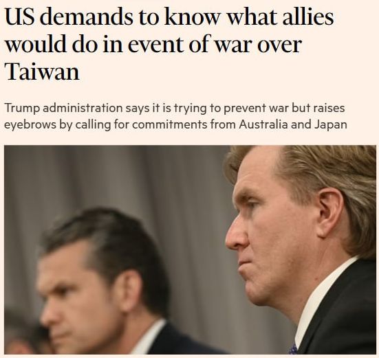 США требуют знать, что их союзники будут делать в случае войны за Тайвань, — Financial Times со ссылкой на источники.