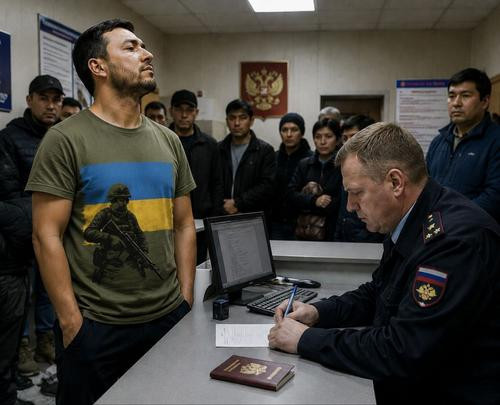 «Я хожу в чём хочу!»: Мигрант в футболке с изображением символики ВСУ пришёл за патентом в МВД